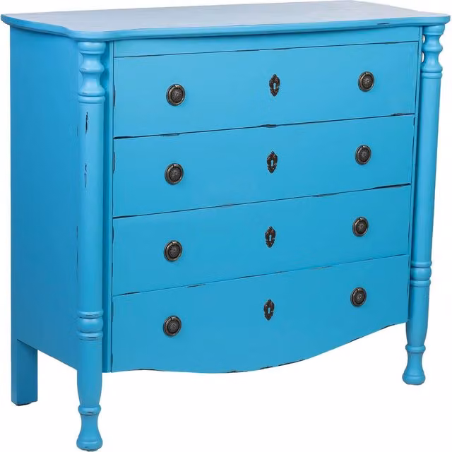 Cassettiera in legno laccato blu invecchiato, 4 cassetti 100x40x90h cm