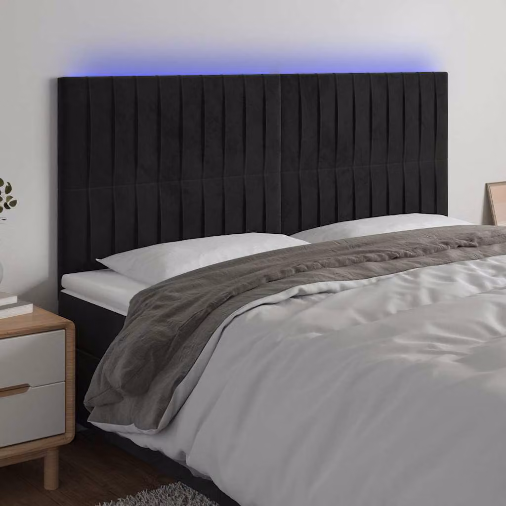 Testiera per letto vidaXL in velluto nero con illuminazione LED integrata e porta di ricarica USB, L: 200 cm, P: 5 cm, H: 118/128 cm