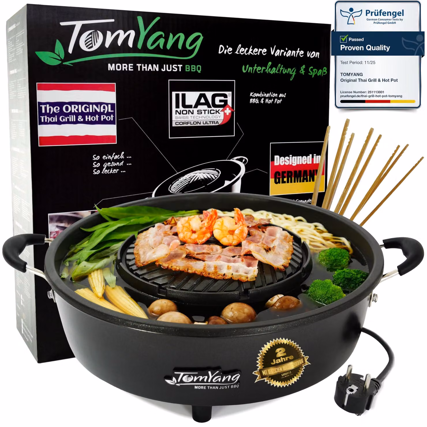 Griglia elettrica per barbecue thailandese e hot pot, 2-in-1, 1800 W, rotonda, nera