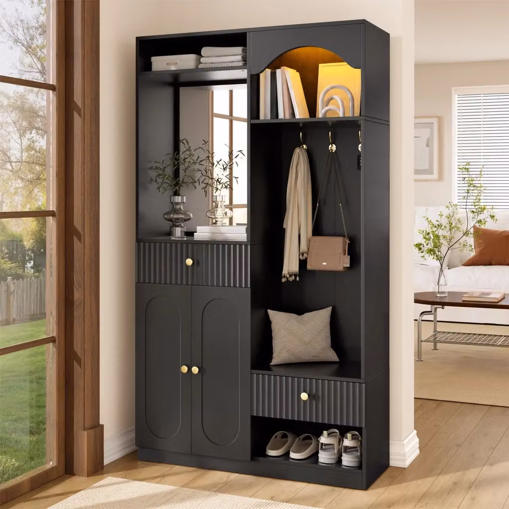 Guardaroba da ingresso moderno in MDF nero con specchio intero, panca, cassetti, ripiani regolabili e illuminazione LED L/P/H: 100 x 35 x 180 cm – 2
