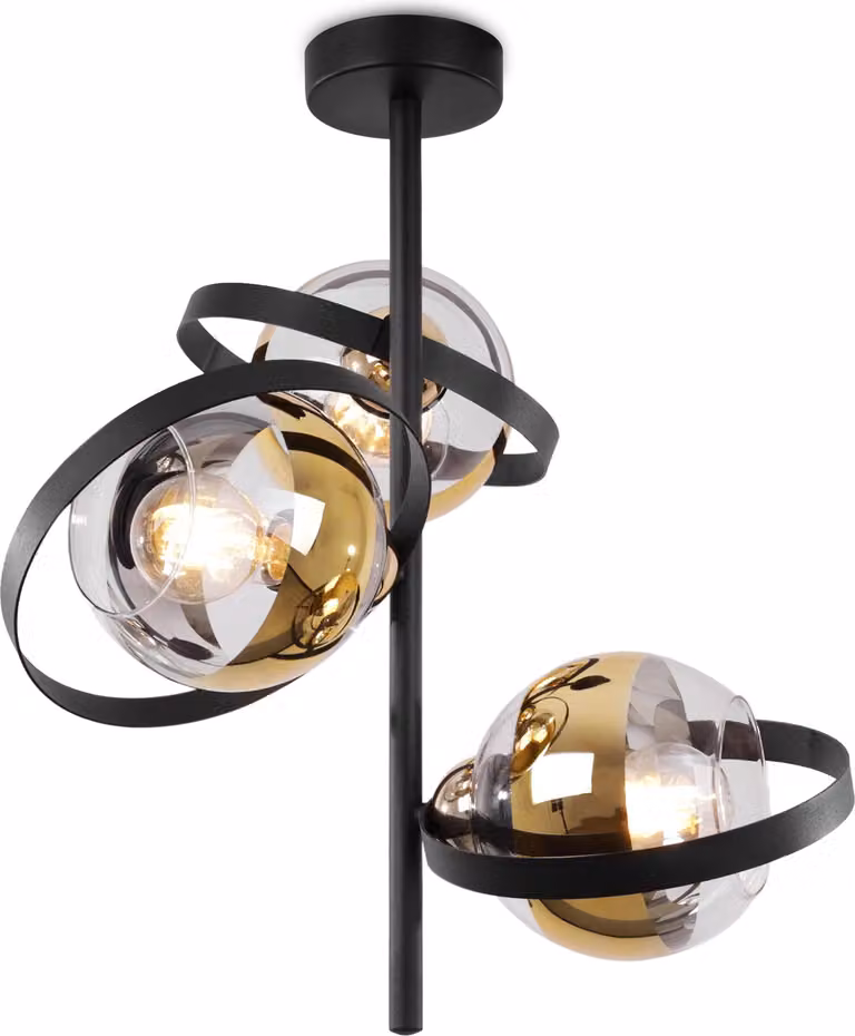 Lampada da soffitto Ronda nero-oro a 3 luci con paralumi dorati E27