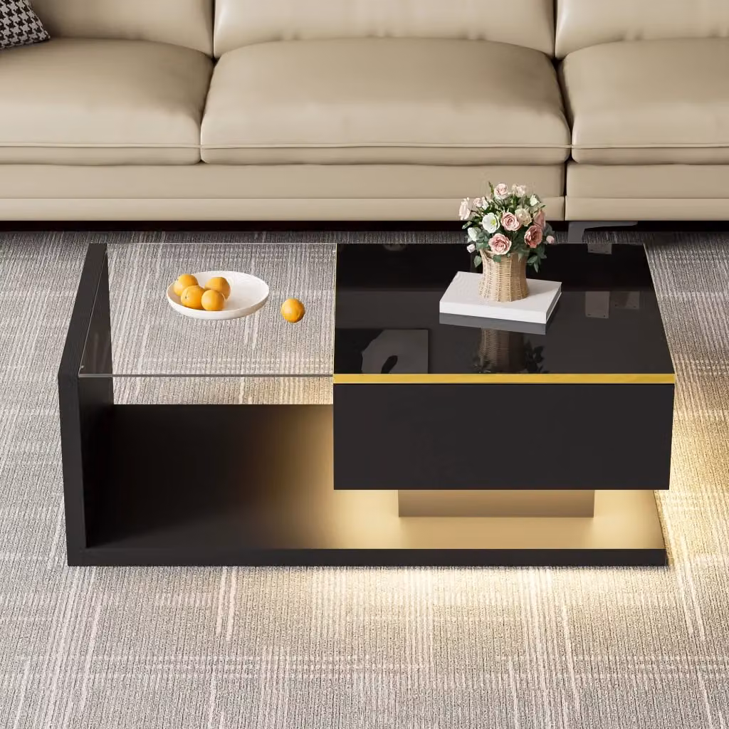 Tavolino da salotto rettangolare in vetro e materiale composito nero lucido L/P/H: 90 x 50 x 32,5 cm – 2