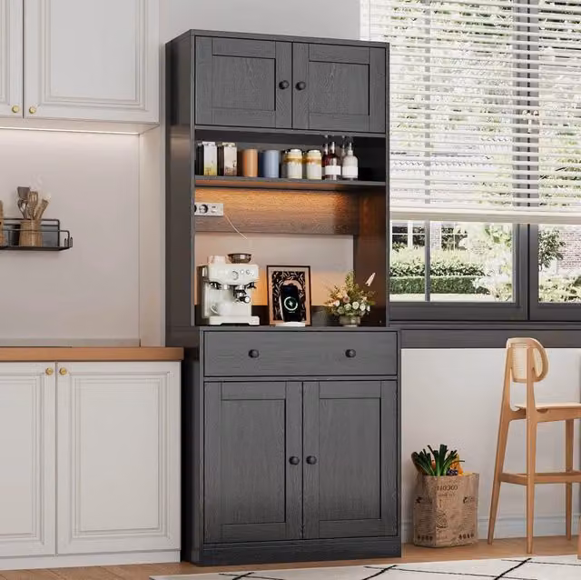 Credenza cucina multifunzione MODFU in MDF nero con LED RGB, prese USB e AC, L 72 cm x P 40 cm x H 180 cm