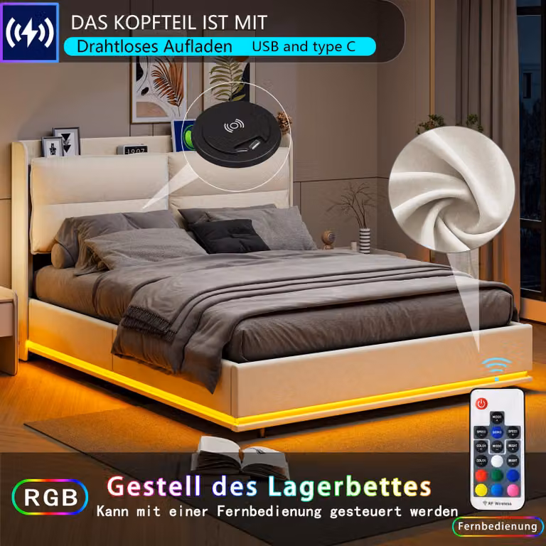 UnboxG Letto imbottito 140x200 cm, letto matrimoniale con contenitore e rete a doghe, testata a LED con funzione di ricarica USB tipo C, letto contenitore letti funzionali letti giovanili spalliera letto, beige