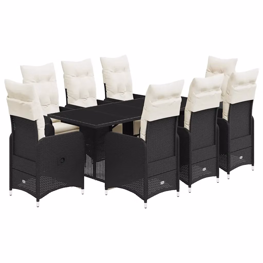 Set Bistrò da Giardino e Balcone vidaXL 9 pz in Polyrattan Nero con Cuscini e Piano in Vetro – 2