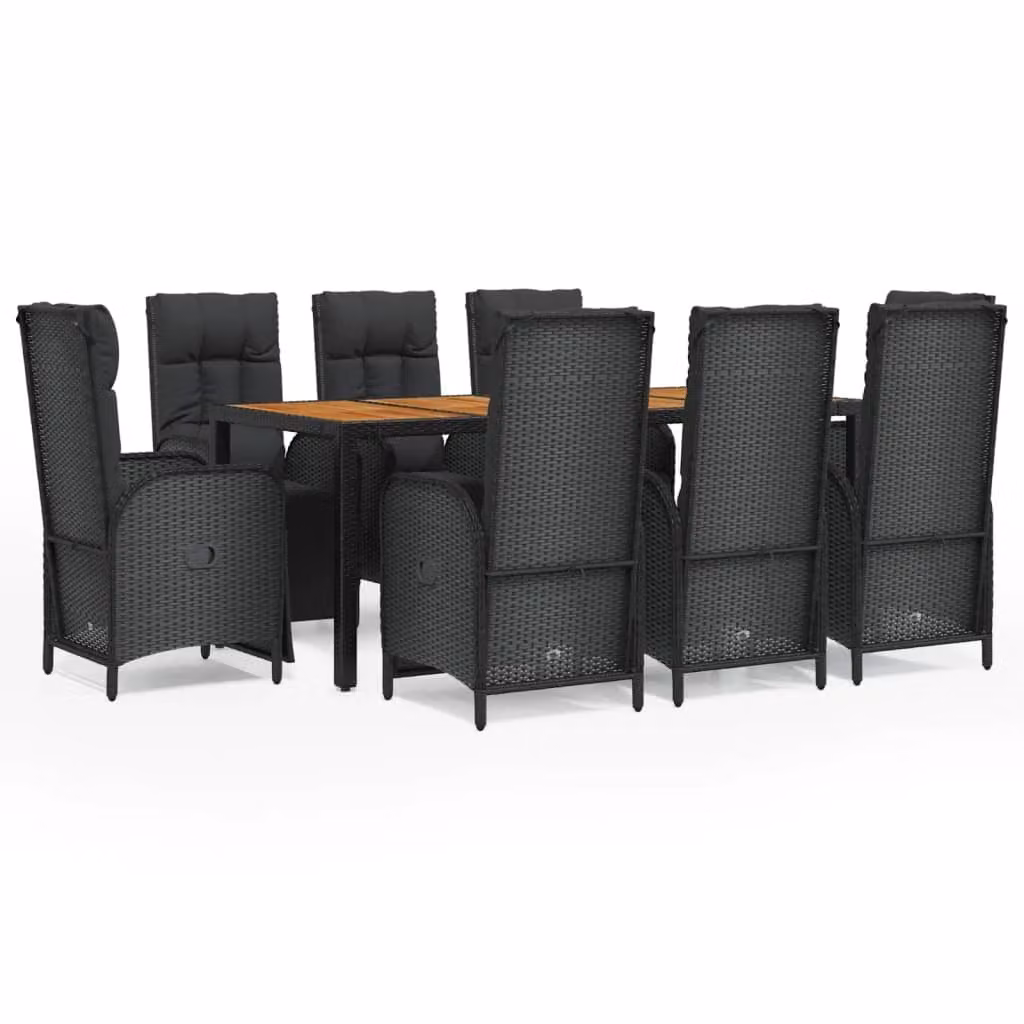 Set da Pranzo da Giardino 9 pz con Cuscini Nero in Polyrattan