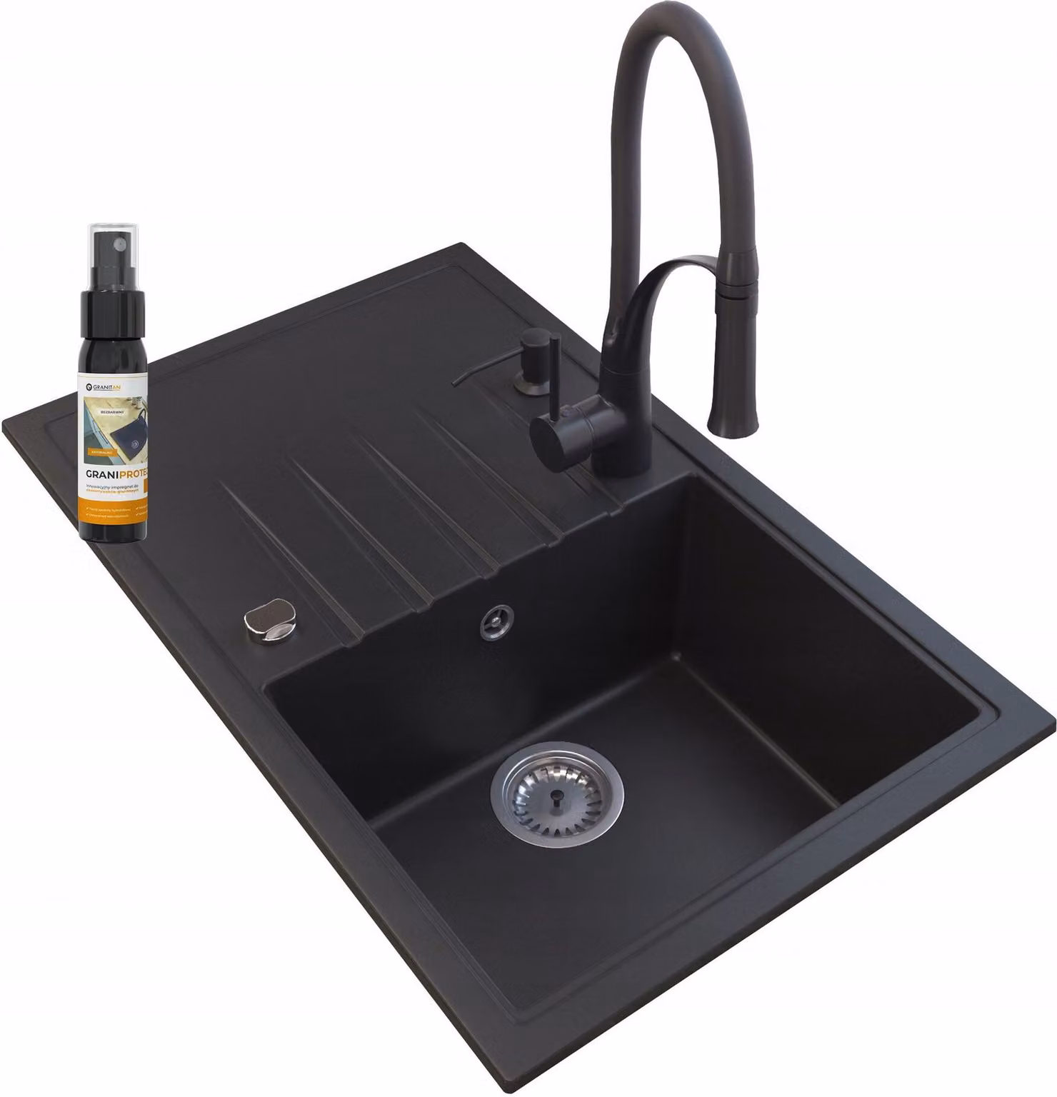 Granitan - Lavello in granito - Lavello da cucina - 78x50 cm - Nero - con rubinetteria NEXO e scolapiatti - ERIS