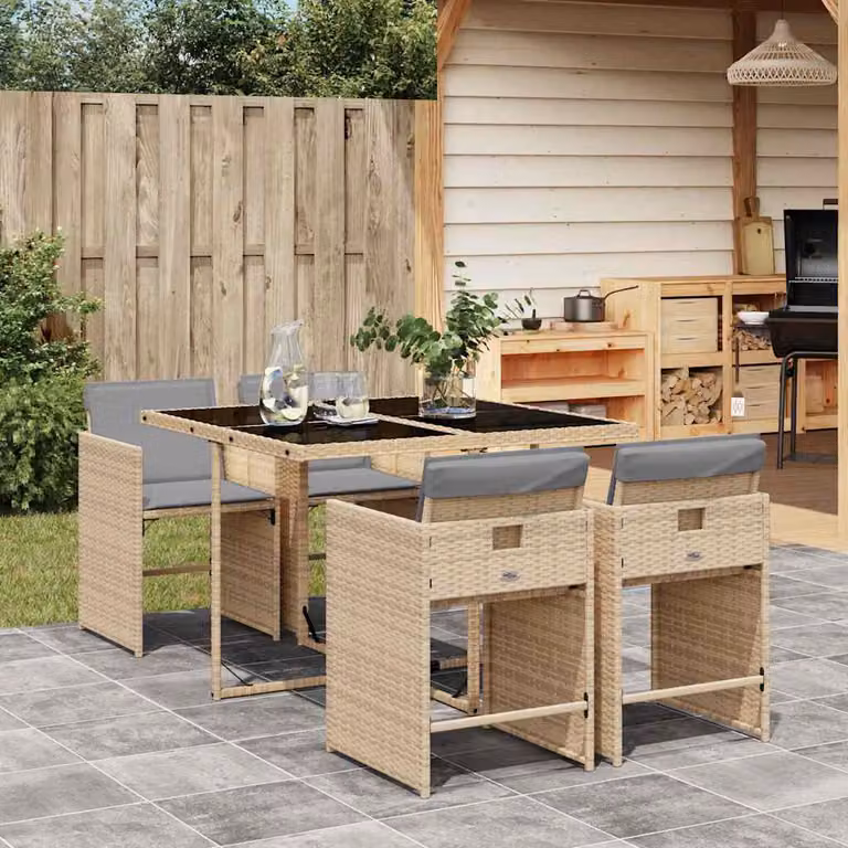 Set Pranzo da Giardino vidaXL in Polyrattan con Cuscini Beige e Tavolo in Vetro 5 pz