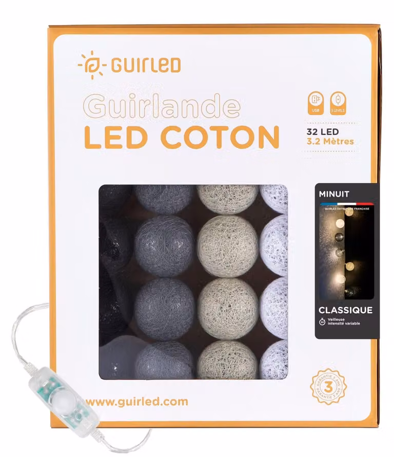 Catena luminosa con 32 palline di cotone, alimentazione USB, 3 intensità, lunghezza 3,2 metri