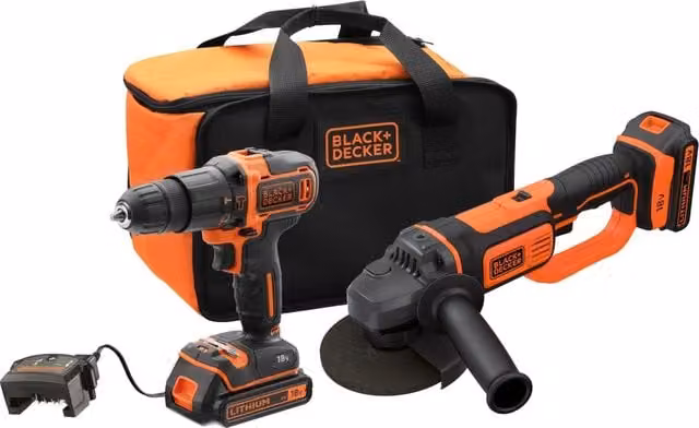 Set Black+Decker con Trapano Avvitatore a Batteria con Percussione e Smerigliatrice BCK24D2S-QW 18V, Colore Nero e Arancione