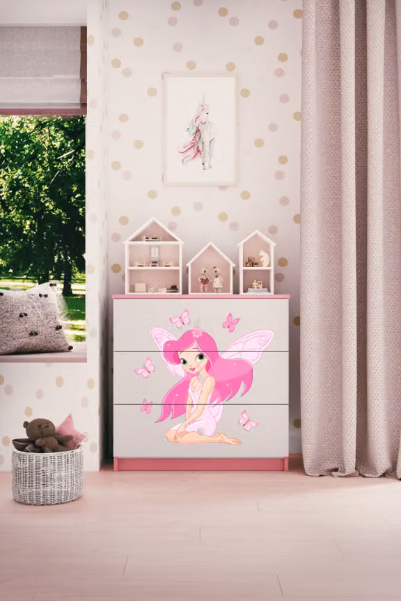 Cassettiera per bambini elfo con farfalle nel colore rosa Babydreams