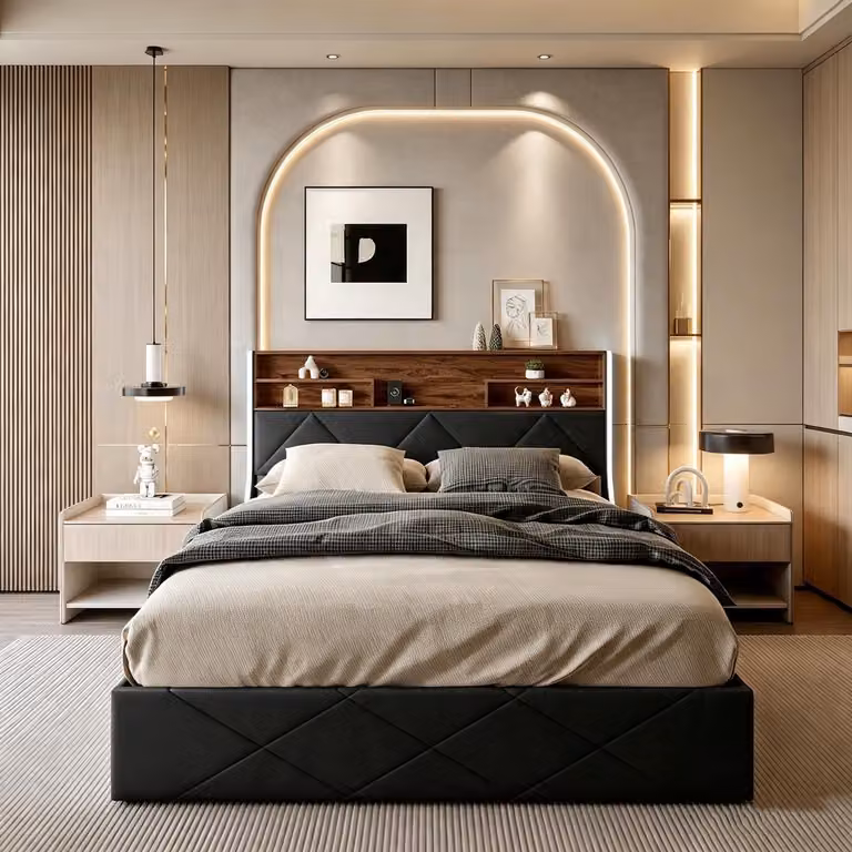 Letto matrimoniale con rete a molle INONEFT, 140x200 cm, con illuminazione LED e porte USB/Type-C, struttura imbottita, contenitore a letto, sistema di sollevamento idraulico, adatto anche per ragazzi, rivestito in PU, colore nero.