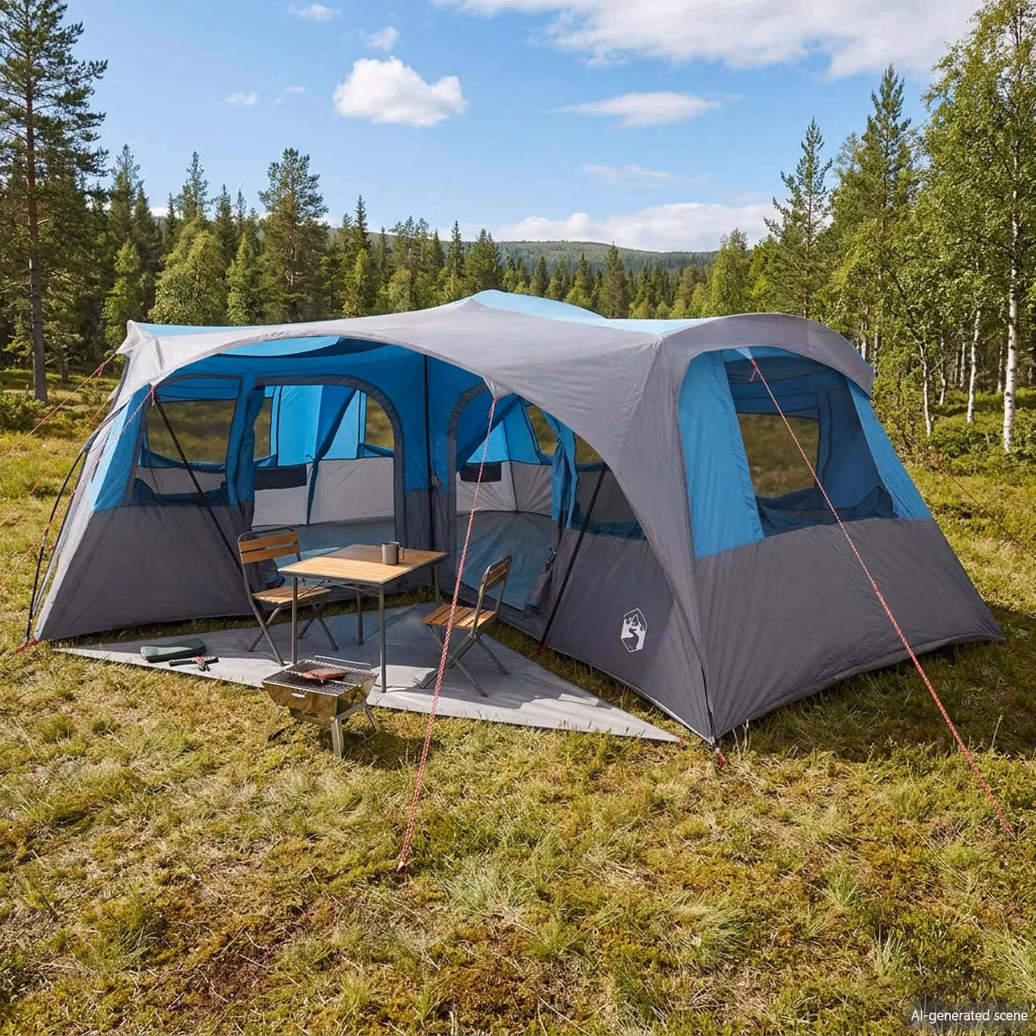 Tenda familiare vidaXL blu con telo da pioggia impermeabile in poliestere, acciaio e fibra di vetro