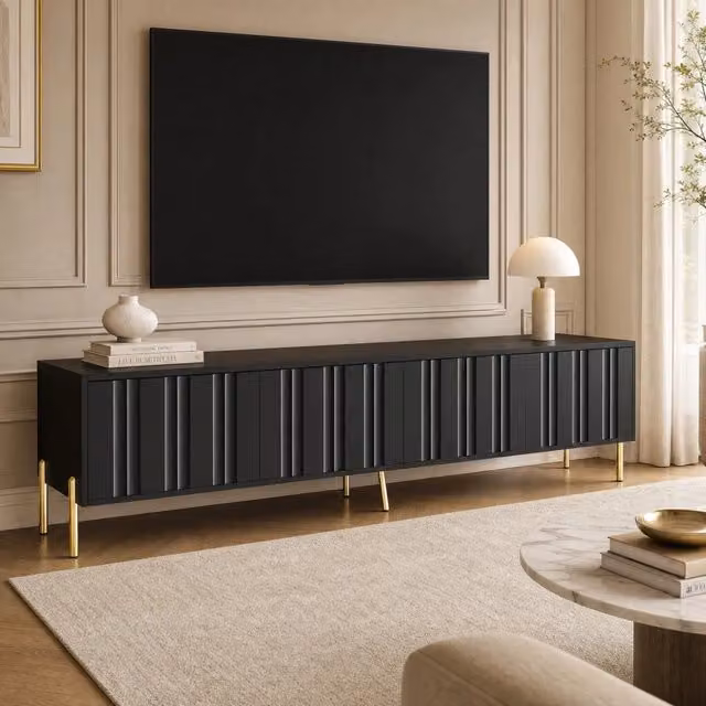 Mobile TV Mivray nero con 4 ante e 8 ripiani in MDF e pannello di particelle, L: 190 cm, P: 38 cm, H: 48 cm