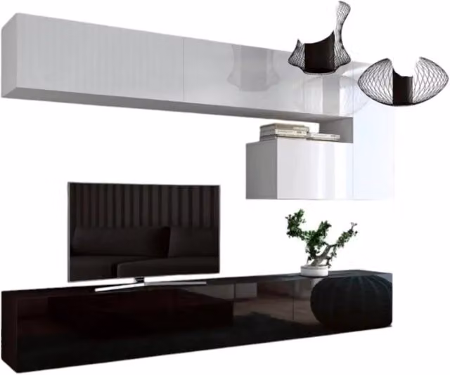 Set di mobili da salotto sospesi Meublorama collezione CEPTO XV, composto da 8 elementi con illuminazione LED integrata, bianco e nero, L: 251 cm – 1