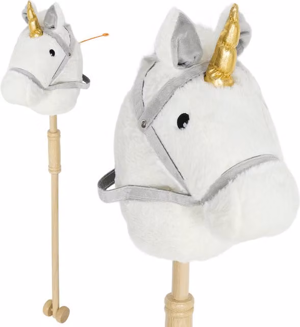 Cavallo a Dondolo AIYAPLAY con Bastone in Legno, Design Unicorno con Suoni e Ruote, Bianco, Altezza: 95 cm