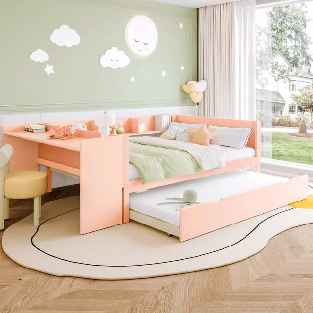 Letto con letto estraibile 140 × 200 cm matrimoniale con scrivania; tre ripiani e testiera alta in legno rosa