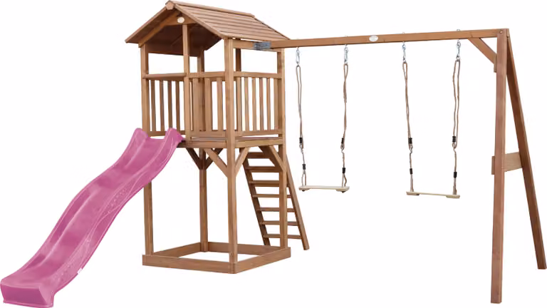 AXI Beach Tower parco giochi in legno in marrone | Torre di gioco per bambini con sabbiera, doppia altalena e scivolo viola | Casa per bambini su palafitte per il giardino
