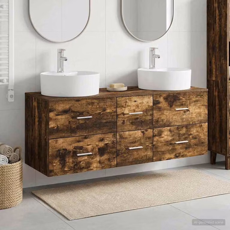 Set di mobili per il bagno moderno vidaXL composto da 3 pezzi in legno e metallo, colore marrone e argento, L: 129 cm, P: 44,5 cm, H: 80 cm