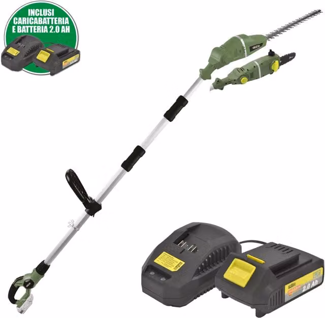 Potatore e Tagliasiepe Kombo con Asta Telescopica, Batteria Ricaricabile 20V 2.0Ah e Caricatore Rapido, Colore Verde
