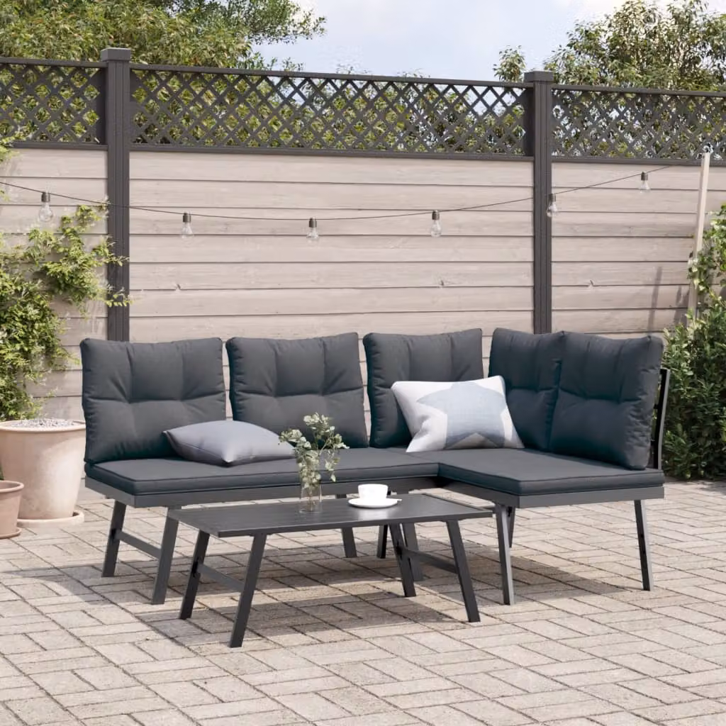 Set Panche da Giardino e Terrazza vidaXL in Metallo Nero con 3 Cuscini – 1