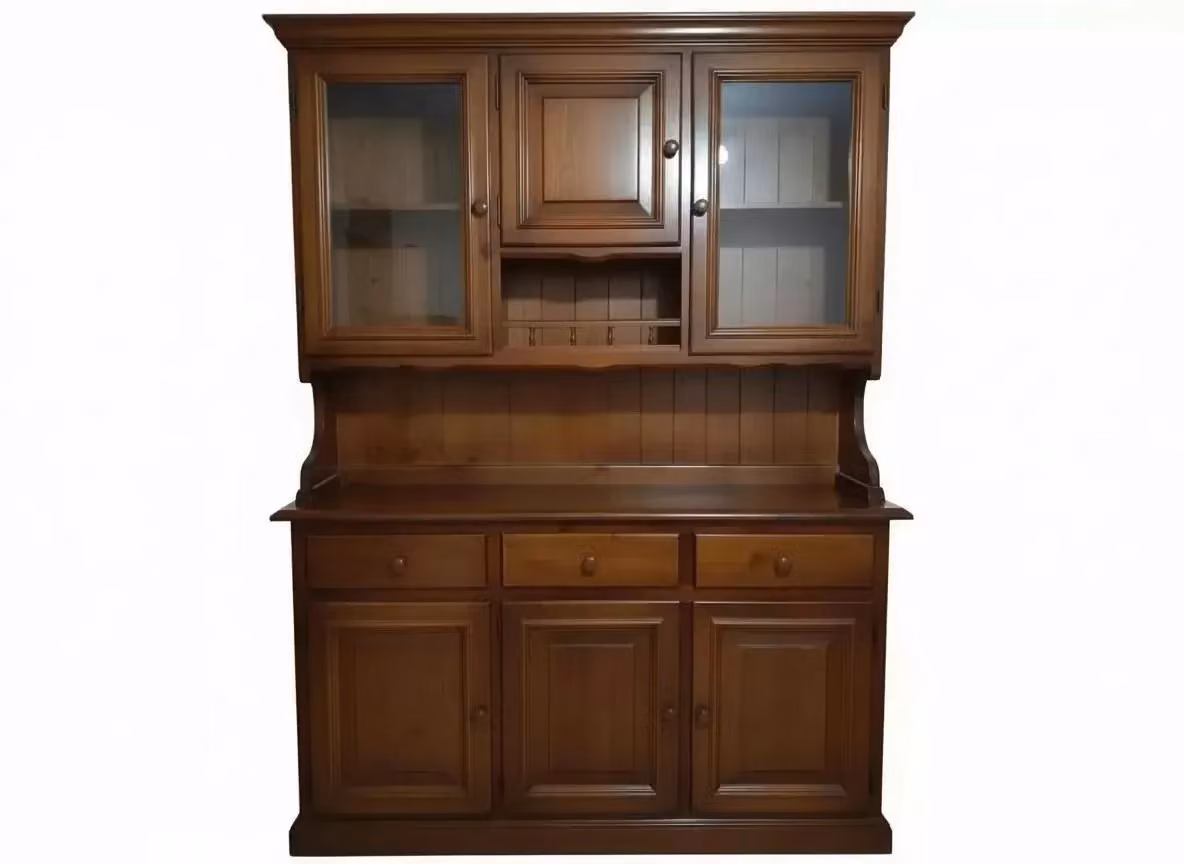 Cristalliera MOBILI 2G in pino massello stile country con ante in vetro, colore marrone, L: 147 cm, P: 43 cm, H: 204 cm – 2