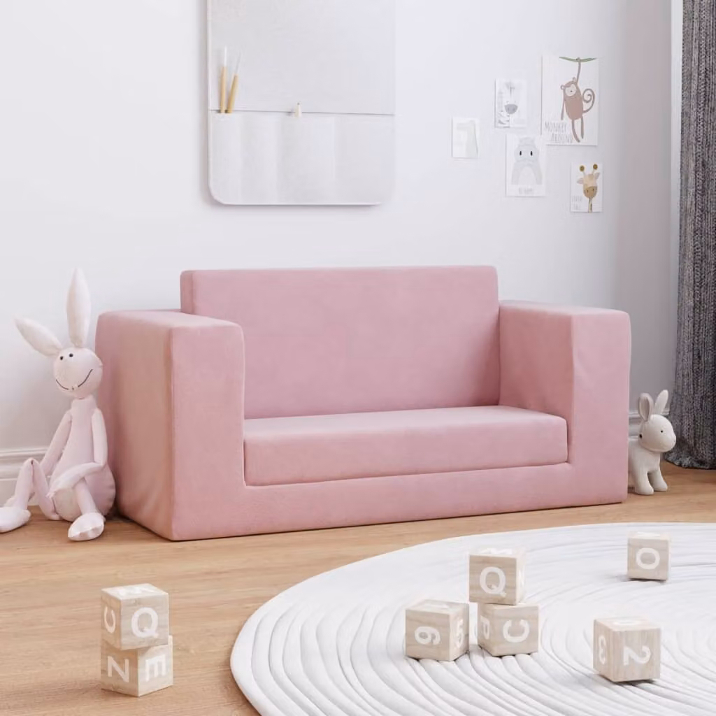 Divano letto per bambini, modello esclusivo, due posti, colore rosa, rivestito in morbido peluche