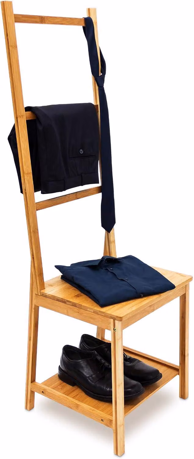 Portasciugamani a forma di sgabello - Bambù - 2 ripiani - 133 x 40 x 42 cm - Appendiabiti con 3 aste - Porta asciugamani - Naturale