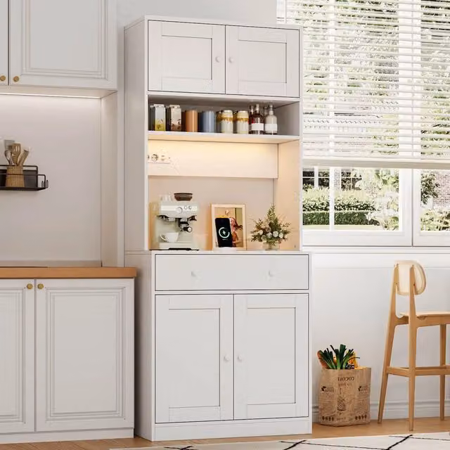 Mobile alto da cucina ULEVR 72x40x180 cm con LED RGB, prese USB e AC, cassetto e ripiani, bianco