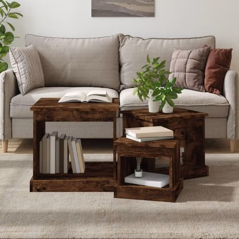 The Living Store Tavolini 3 pezzi. Materiale a base di legno di quercia affumicata