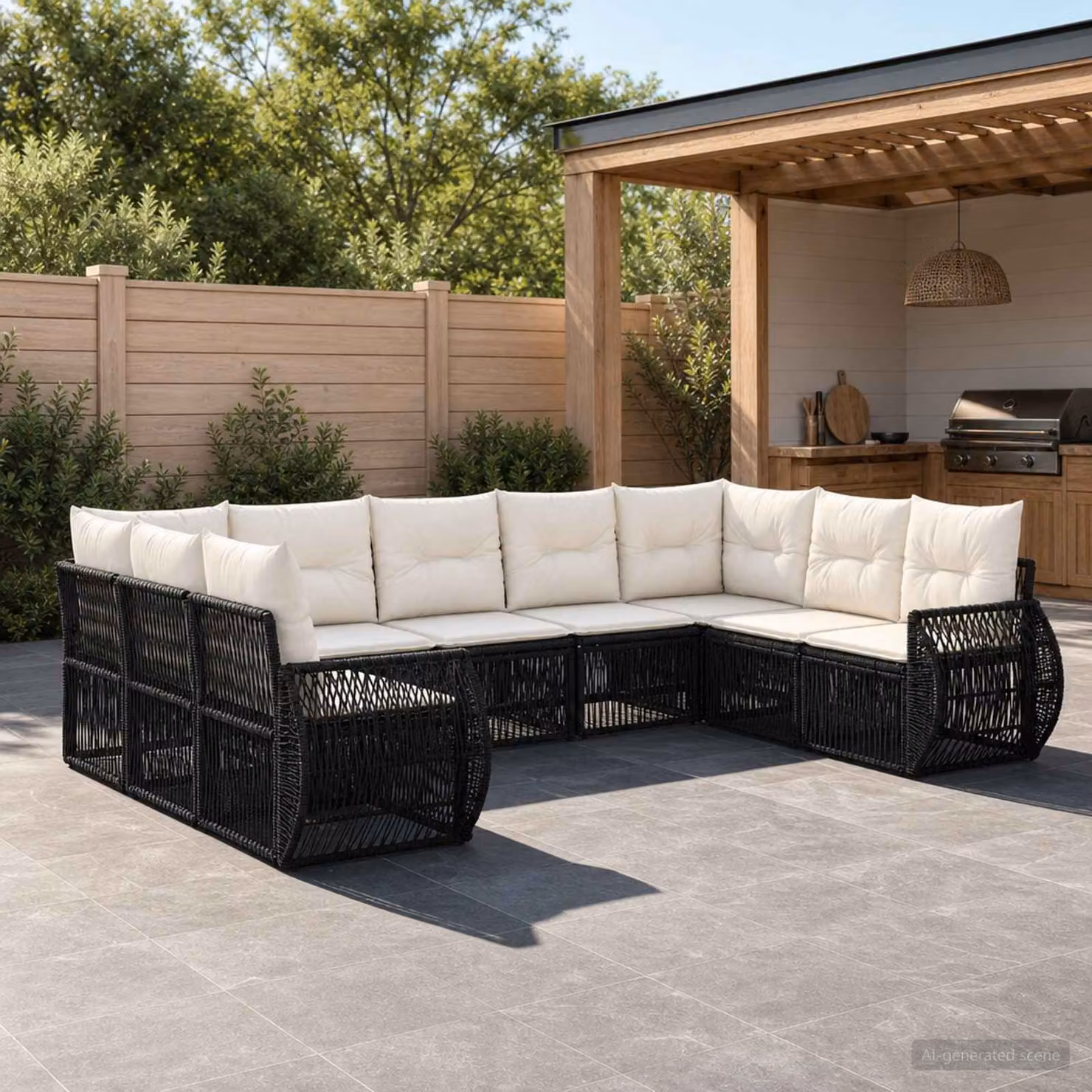 Set Divano da Giardino vidaXL 9 pz a Forma a U in Polyrattan Nero e Bianco Crema con Cuscini Imbottiti e Rivestimenti Rimovibili