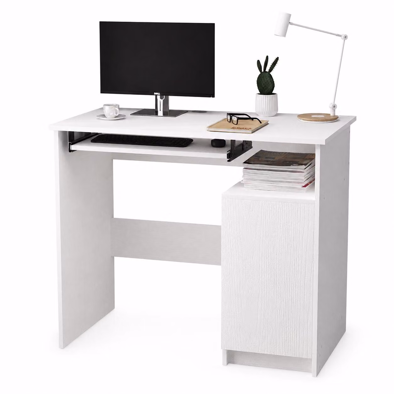 Moderna scrivania per computer con ripiano per tastiera, bianca, con mobile in stile loft