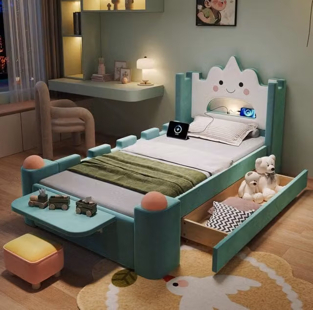 Letto imbottito per bambini a nuvola 90x200 cm con lampada da lettura USB e cassetto blu-verde