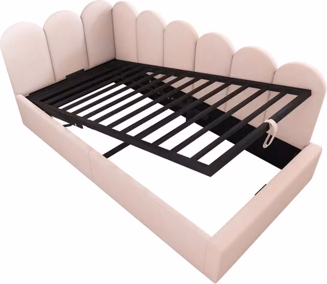 Divano Letto Singolo 90x190 cm in Velluto Rosa con Contenitore Idraulico e Rete a Doghe in Metallo