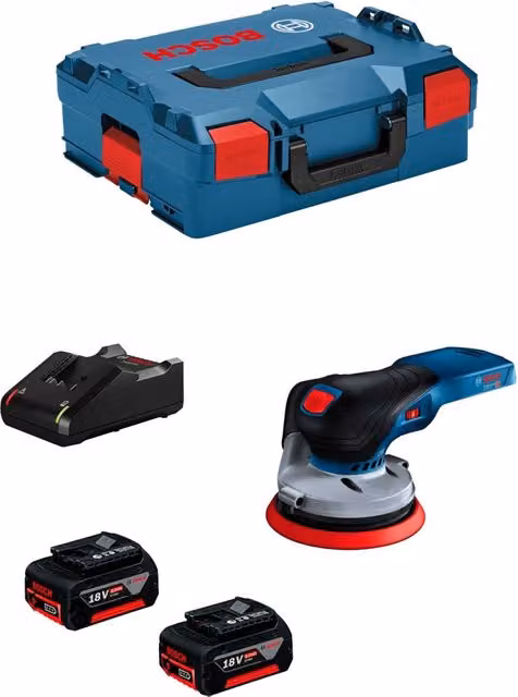 Levigatrice Roto-orbitale Bosch GEX 18V-125 con 2 batterie da 5,0 Ah, caricabatterie GAL 18V-40 e L-Boxx 136