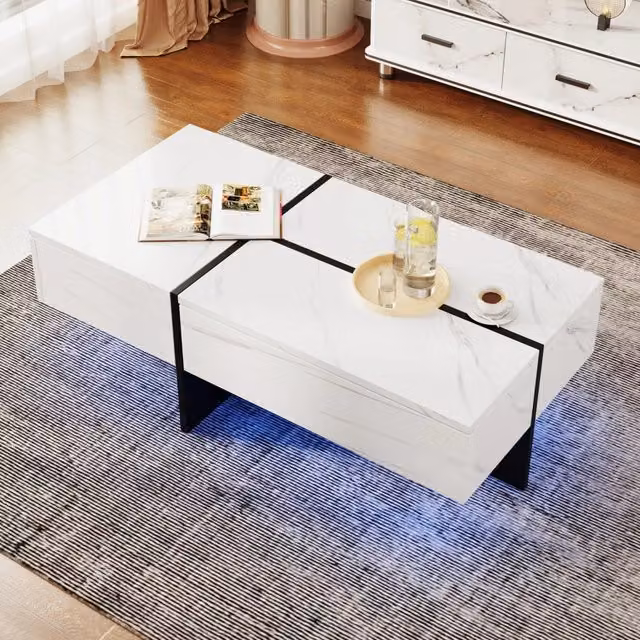 Tavolino da Salotto 100x50x34,5 cm, Piano in Imitazione Marmo Bianco Lucido e Base Nera, con Illuminazione LED Controllata via App