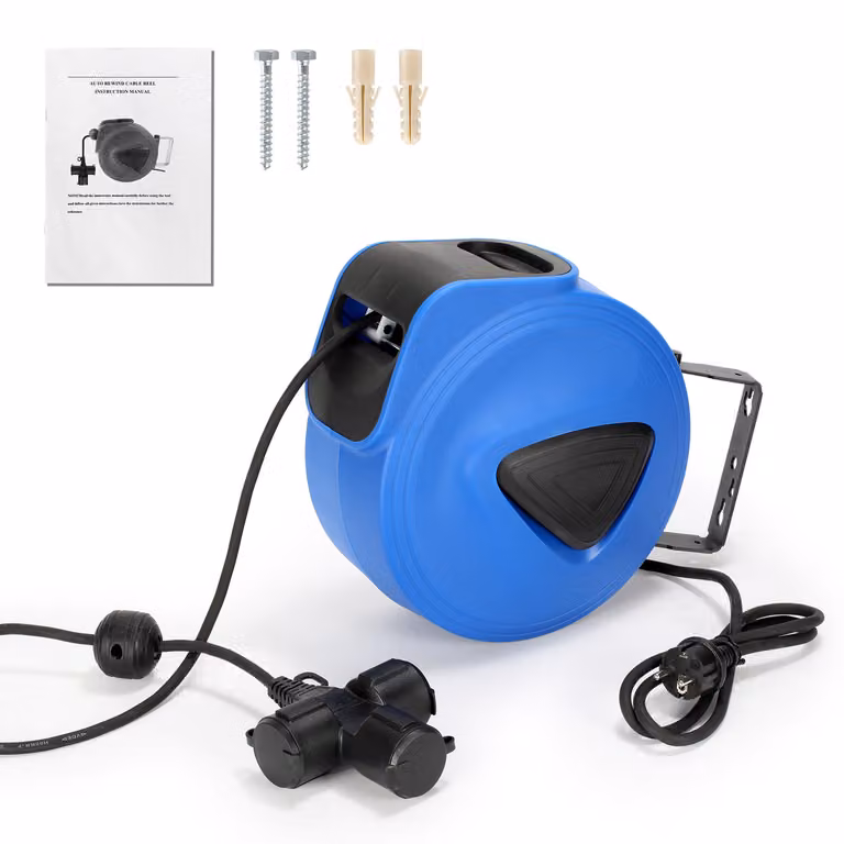 Avvolgicavo automatico Jopassy Avvolgicavo automatico, 20 m, ruotabile di 180° Staffa a parete Cavo elettrico per montaggio a parete con 3 prese
