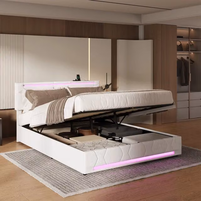 Letto Matrimoniale 160x200 cm con Contenitore Idraulico; Letto Imbottito con Luci LED e Porta USB; Testiera in Lino; Beige; Senza Materasso