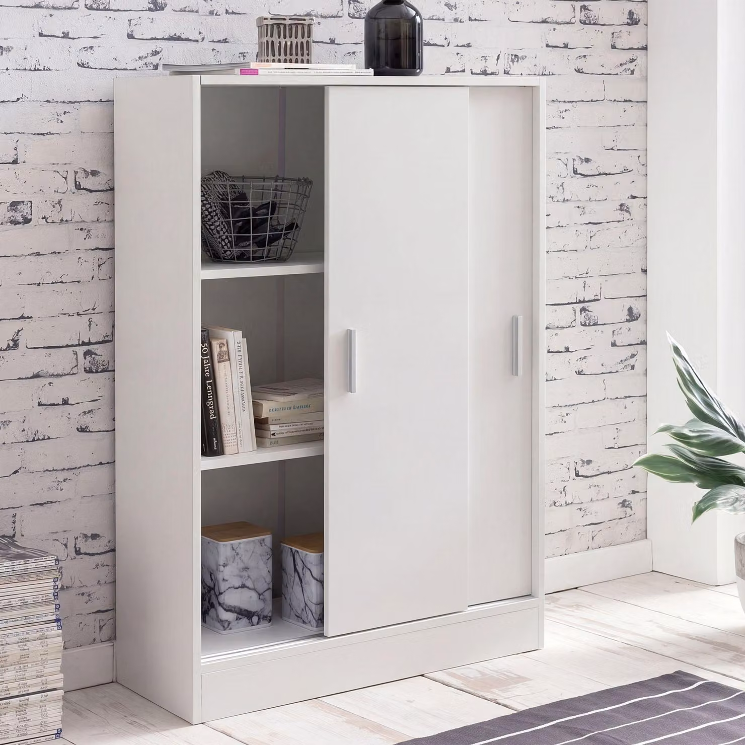 FineBuy Cassettiera bianca larga 60 cm con 2 ante scorrevoli per cartelle da ufficio Armadio ad ante scorrevoli Armadio per cartelle Credenza Armadio