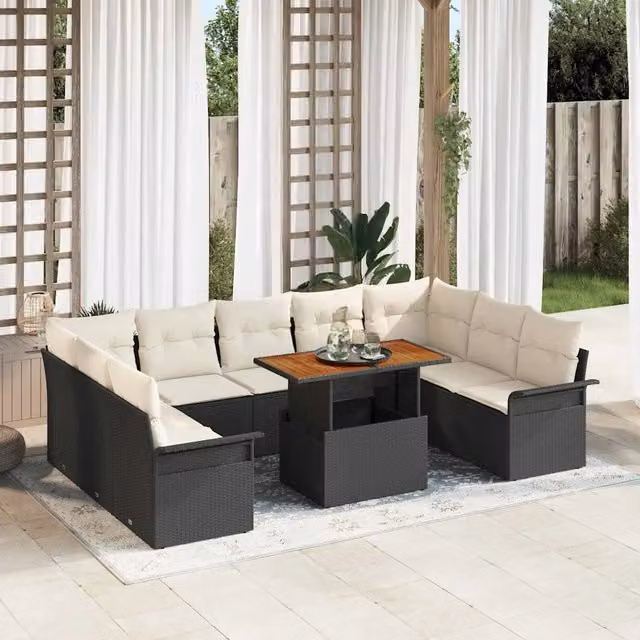 Set Divano da Giardino 10 pz Nero e crema 3349375
