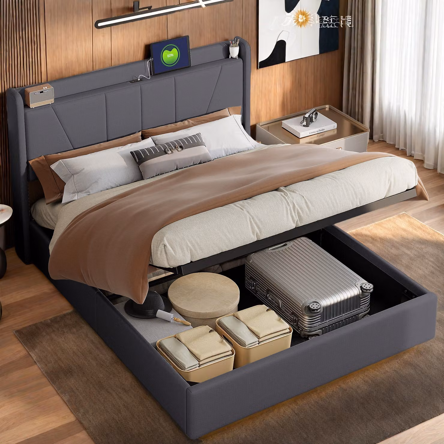 Letto UnboxG 160x200 con LED e USB (supporto wireless), letto imbottito 160x200cm con testata e contenitore, letto matrimoniale con rete a doghe, letto contenitore letto giovanile struttura letto moderno inPoliuretano- grigio