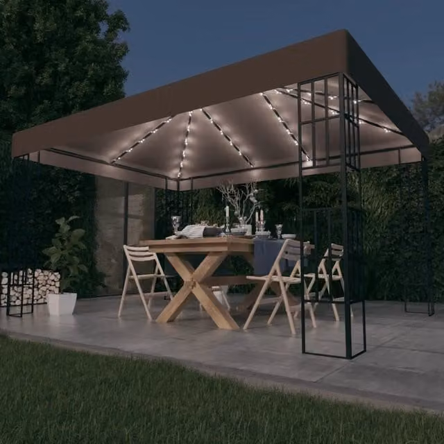 Gazebo vidaXL con Luci a Stringa LED in Acciaio e Poliestere, Grigio e Marrone, L: 400 cm, P: 300 cm, H: 260 cm