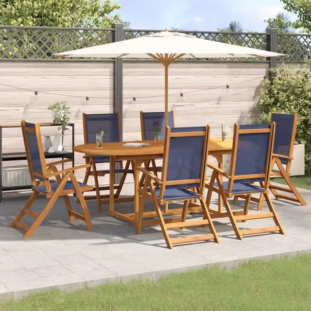 Set Pranzo da Giardino vidaXL in Legno di Acacia e Textilene, 7 Pezzi, Marrone e Blu – 1