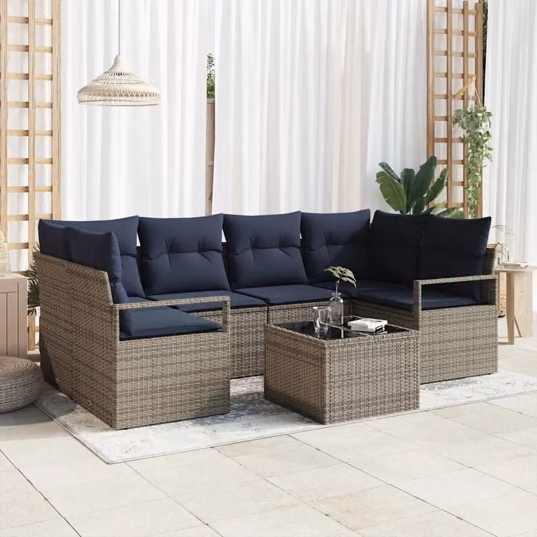Set di divani da giardino vidaXL a forma di U composto da 7 pezzi con tavolino, colore grigio e blu, in rattan e metallo con cuscini inclusi