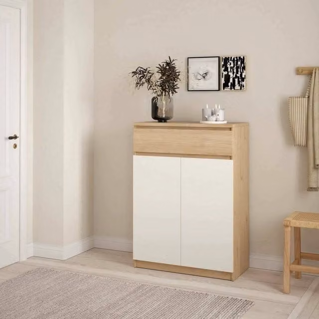 Scarpiera Angilops, Mobile portascarpe, Armadio da ingresso multiuso, Mobiletto per calzature, 80x40 h111 cm, Rovere e Bianco