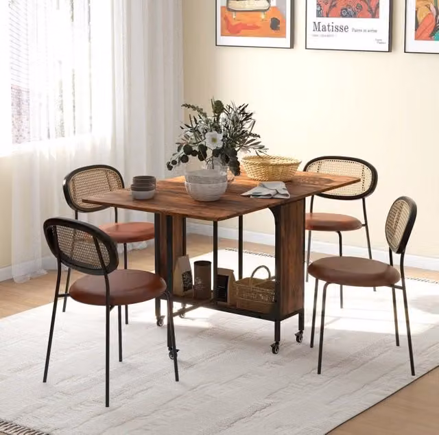 Tavolo da pranzo pieghevole ULEVR 130x80x74 cm con ripiano centrale e 6 ruote con freni, marrone rustico