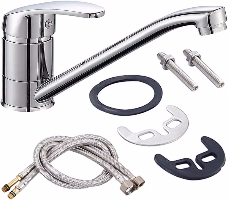 Miscelatore da cucina cromato, con bocchetta girevole a 360°, completo di 2 tubi di collegamento da 60 cm, per uso in cucina