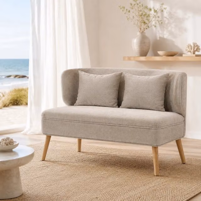 Divano a 2 posti Mivray in tessuto beige con schienale ad ali e gambe in legno L: 117 cm, P: 65 cm, H: 78,5 cm
