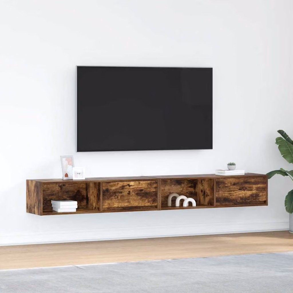 Set di 2 mobili TV vidaXL in legno multistrato color rovere fumo con design rustico e montaggio a parete per il tuo soggiorno L 100 x P 31 x H 25,5 cm