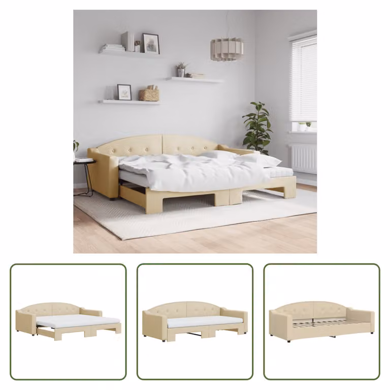 The Living Store Lettino allungabile con materassi panna 90x200 cm in tessuto